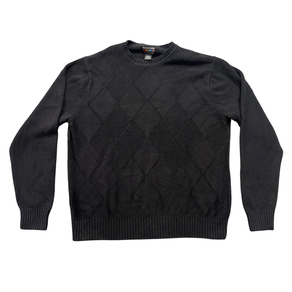 Alexander Julian Colours Men Black Cotton Argyle Textured Crewneck Sweater Large